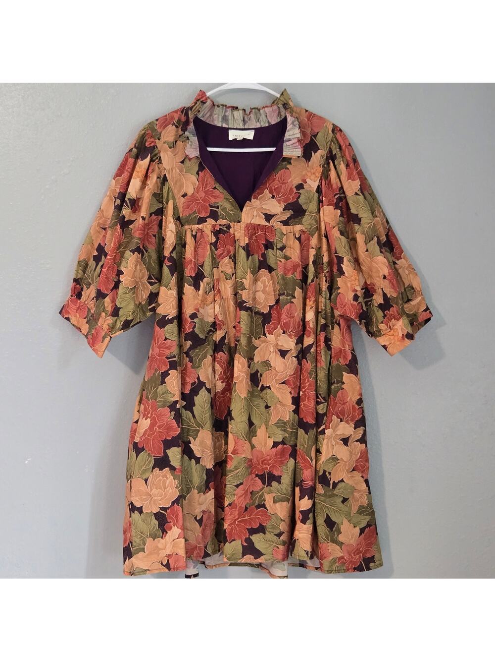 Entro Plus Size 1X Baby Doll Dress Fall Floral Boho Autumn Harvest Puff Sleeve